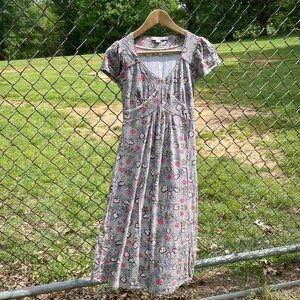 Boden Gray with Pink Floral Pattern Midi Dress V Neck Size 4L Women
